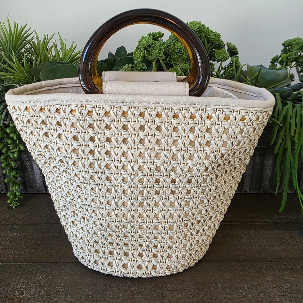 Anthropologie Westlyn Woven Bucket Bag In Cream With Crossbody Strap
